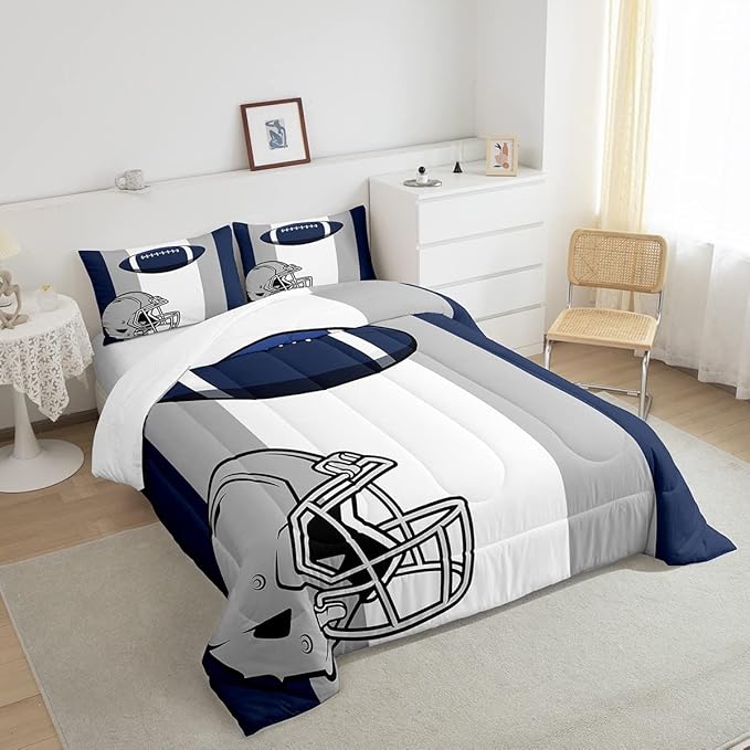 Feelyou Kids Football Comforter Set King Size Rugby Sports Bedding Set for Boys Teens Decor Soccer Ball Game Comforter American Football Grey Blue Duvet Set Quilt 3Pcs Boys