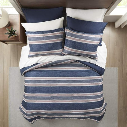 Comfort Spaces Bed in A Bag Comforter Set - College Dorm Room Essentials for Boys Men Bedding, Complete Dormitory Bedroom Pack And Sheet with 2 Side Pockets, Queen, Stripes Navy/Red