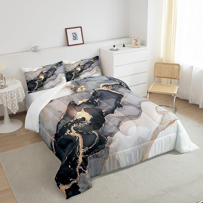 Erosebridal Black Marble Bedding Set Full,Black and Grey Marble Comforter Set Men Teens Boys Modern Gray Orange Abstract Art Tie Dye Down Comforter Kids Gothic White Gold Marble Duvet Insert Soft