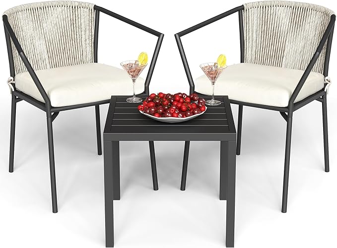 YITAHOME Wicker 3-Piece Outdoor Bistro Set, All-Weather Patio Conversation Set with Stackable Chairs & Table, Outdoor Sectional Furniture Set for Balcony, Backyard, Pool, Porch, Deck - Grayish White