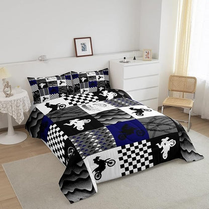 Dirt Bike Comforter Set, Motocross Rider Bedding Comforter Sets King, Motorcycle Grunge Down Comforter for Kids Boys Adult Men, Motorbike Extreme Sport Game Comforter, Buffalo Plaid, Blue Grey Black