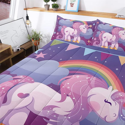 Unicorn Twin Bedding Sets for Girls Kids Comforter Set Twin Size with 2 Pillowcases Purple Rainbow Glittering Unicorn Room Decor for Girls Bedroom Ultra Soft Machine Washable Toddler Bed Set