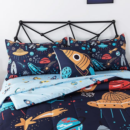 ADASMILE A & S Kids Space Comforter Set 6 Pieces Space Bedding Twin Size for Boys Space Ship Rocket Bedding Galaxy Bed in a Bag Comforter Twin Outer Space Bed Set with Blue Space Sheets Home Decor