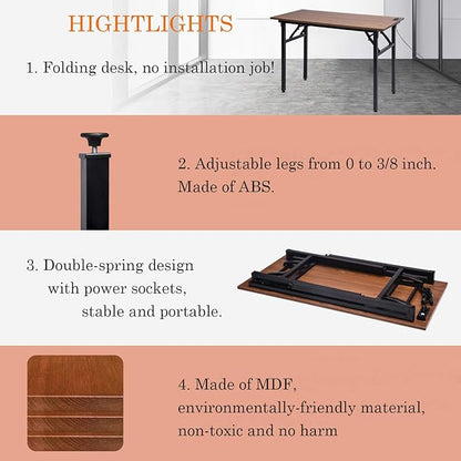 Frylr Folding Computer Desk with Plugs & USB Ports, Home Office Desks Foldable 43.3x19.6x29.5 Inch Study Table for Student Writing Desk for PC/Laptop, No Installation, Walnut + Black Leg
