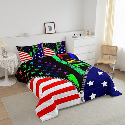 Erosebridal American Flag Comforter Set Rainbow Pride Down Comforter King Size for Teens Adult Women Bedroom,USA Federations Stars Stripes Bedding Set Kids Unique Zipper Design Duvet Sets, Colorful