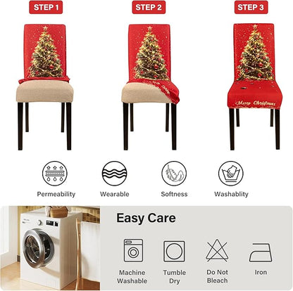 6PCS Christmas Dining Chair Covers Stretch Removable Washable Dining Room Chair Protector Slipcover 3D Print Xmas Tree Bow Tie Kitchen Chair Cover Slipcovers for Xmas Holiday Party Home Décor