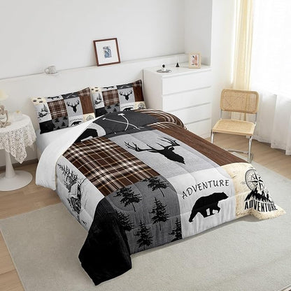 Deer Antler Comforter Set Queen Size,Bear Paw Pine Trees Rustic Farmhouse Bedding Set for Boys Girls Adults Room Decor,Geometric Plaids Arrows Down Comforter,Brown Retro Duvet Insert,2 Pillowcases