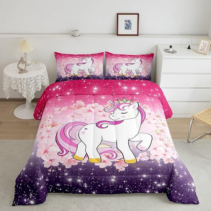 Unicorn Comforter Set King Glitter Bedding Set Cherry Blossoms Duvet Insert Kids Cartoon Kawaii Animal Down Comforter Ombre Galaxy Stars Fantasy Girls Room Decor Quilt Set Aesthetic Pink Purple