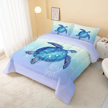 Turtle Comforter Queen Size,Ocean Comforter Set for Kids Teens Girls Boys,3Pcs Bedding Set Printed Comforter with 2 Pillowcases,Down Alternative,Soft and Lightweight(Blue，Queen Size)