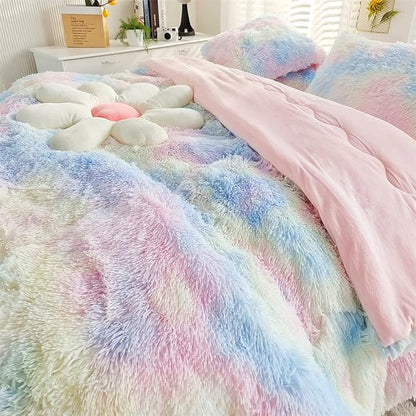 Faux Fur Kids Girls Sunshine Rainbow Comforter Sets Queen - 3PC Bed Set Warm Comfortable Soft Plush Flannel Velvet Fluffy Fuzzy Bedding（Comforter x 1 Pillowcases x 2）