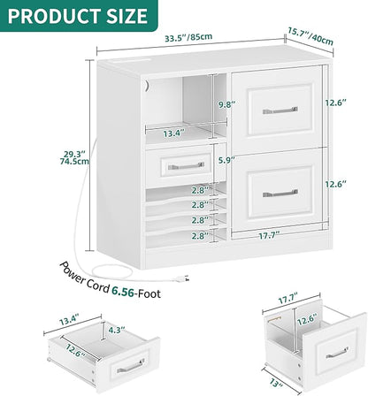YITAHOME 3 Drawer File Cabinet, Filing Cabinet with Charging Station, Printer Stand with Open Storage Shelves, Fits for A4, Letter, Legal Size Files, White