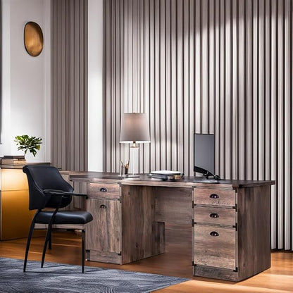 Modern Executive Desk, 59" Vintage Farmhouse Study Writing Desk with Storage Drawers, Industrial Wood Computer Manager's Desk with Knee Space for Home Office, Walnut