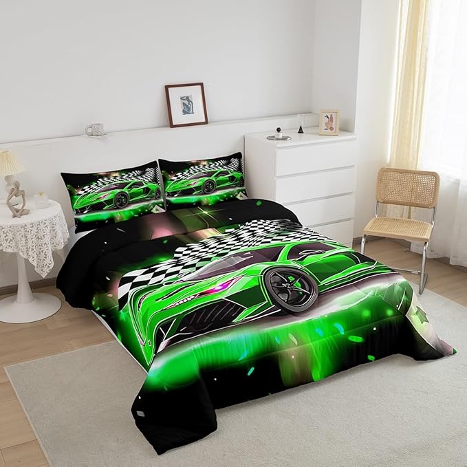 Feelyou Race Car Bedding Set Queen Size,Boys Extreme Sports Comforter Set for Kids Boys Car Racing Gifts,Green Cool Car Comforter Car Sports Quilt Set 1 Comforter with 2 Pillowcase Car Racing Gifts