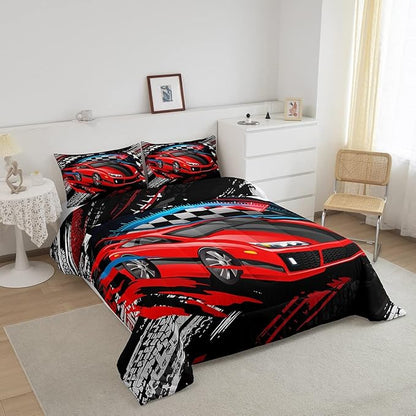 Car Bedding Set for Boys Queen Size Racing Sports Car Comforter Kids Extreme Sports Theme Comforter Set Girls Children Bedroom Teens Cool Speed Automobile Decor Bed Duvet Set Soft Lightweight
