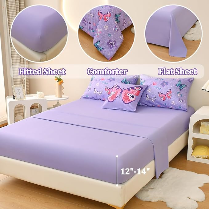 Butterfly Bedding Set Full, Purple Butterfly Comforter Set for Girls Kids Teens 6 pcs Bed in a Bag Full Bedding Sets for Girls