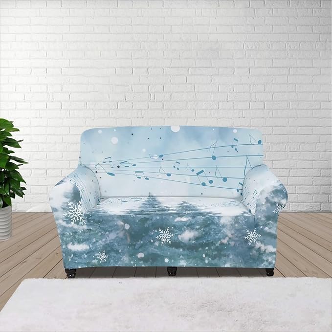 FKELYI Blue Christmas Tree Easy Going Stretch Sofa Slipcover Snow Sofa Couch Cover with Elastic Bottom Stretch Sofa Slipcovers M