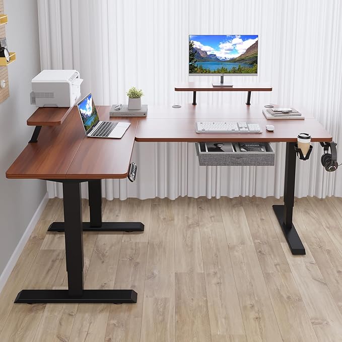 62x47 Inches L Shaped Electric Standing Desk with Drawer, Adjustable Height Sit Stand Up Desk with Storage Shelf, Dark Walnut Top/Black Frame