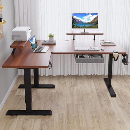 62x47 Inches L Shaped Electric Standing Desk with Drawer, Adjustable Height Sit Stand Up Desk with Storage Shelf, Dark Walnut Top/Black Frame