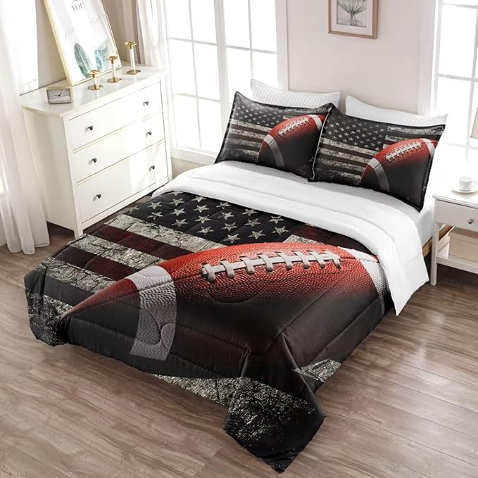 American Football Comforter Set for Boys Teens,Kids Sports Bedding Set Full Size,USA Flag Football Printed Bedroom Sets with 2 Matching Pillow Shams