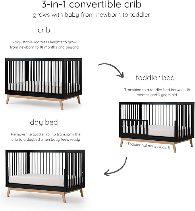 dadada Baby Soho 3-in-1 Convertible Crib to Toddler Bed – Wooden Crib Made in Italy, GREENGUARD Gold Certified Small Baby Crib – Baby-Safe Finish, Modern Design (Black/Natural)