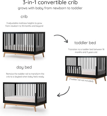dadada Baby Soho 3-in-1 Convertible Crib to Toddler Bed – Wooden Crib Made in Italy, GREENGUARD Gold Certified Small Baby Crib – Baby-Safe Finish, Modern Design (Black/Natural)