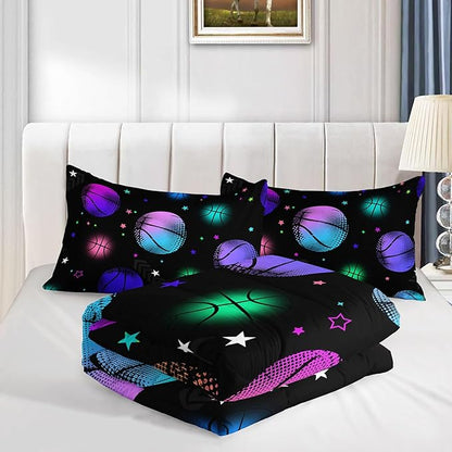 Datura home Kids Comforter Set Glowing Basketball Printed Pattern Bedding Set with 1 Comforter and 2 Pillowcases for Girls Boys Bedroom All Season(Basketball1 Twin)