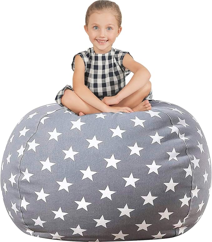 Aubliss Stuffed Animal Storage Bean Bag Chair Cover Only for Plush Toys, Blankets, X-Large 48"-Canvas Stars Grey