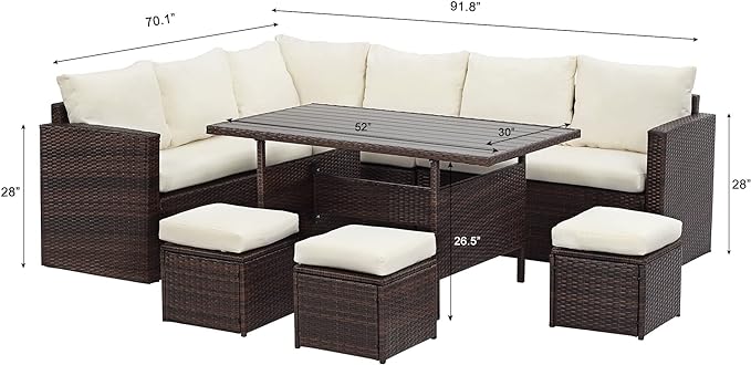 Solaste 7 Piece Patio Furniture Set, All Weather Wicker Patio Conversation Sets with Cushion Seat & Pillows, Outdoor Dining Set, Patio Furniture Outdoor Sectional, Brown
