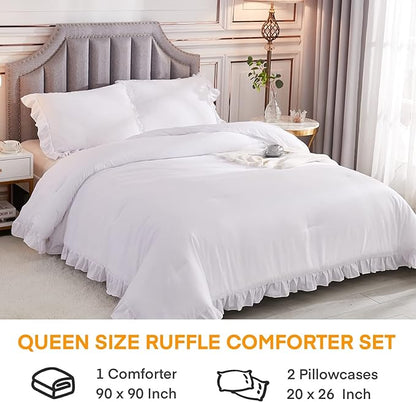 Andency White Comforters Queen Size, 3 Pieces Solid Shabby Chic Farmhouse Bedding Comforters & Sets, Lightweight Fluffy All Season Soft Down Alternative Bed Set for Women Men