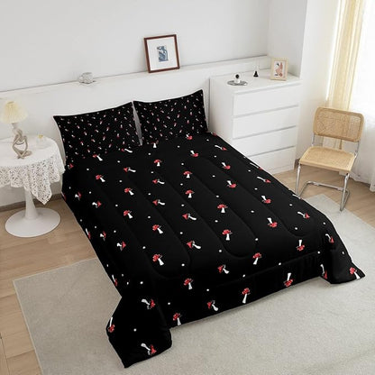 Cute Mushroom Comforter Set Twin Kid Cartoon Kawaii Reversible Bedding Set Red Mushroom Duvet Set Mushroom Shaped Comforter Lovely Natural Wild Plants Fungus Comforter Set for Room Decor, Black