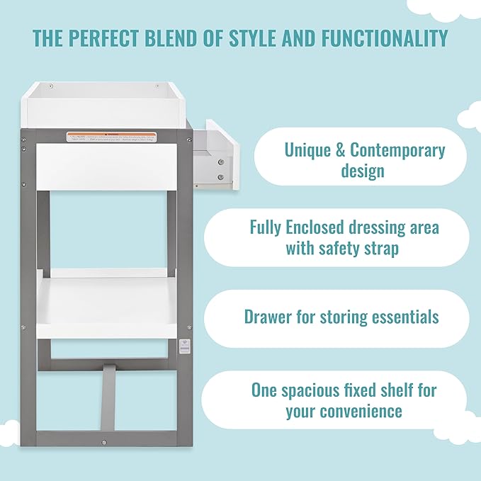 av2023-Dream nontoxic strap-3b688703 Arlo Changing Table, Made of Solid New Zealand Pinewood, Non-Toxic Finish, Comes with Water Resistant Mattress Pad & Safety Strap, Steel Grey And White
