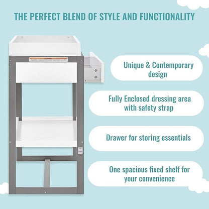 av2023-Dream nontoxic strap-3b688703 Arlo Changing Table, Made of Solid New Zealand Pinewood, Non-Toxic Finish, Comes with Water Resistant Mattress Pad & Safety Strap, Steel Grey And White