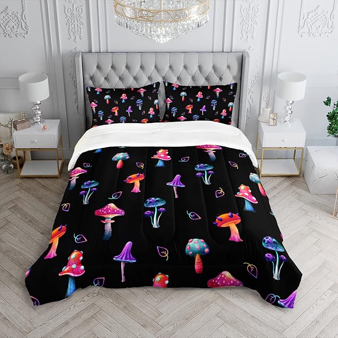 Colorful Mushroom Comforter Set Full Size Kids Mushroom Bedding Set Leaves Quilt Bed Set for Boys Girls Adults with 1 Comforter and 2 Pillowcases