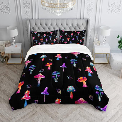 Colorful Mushroom Comforter Set Full Size Kids Mushroom Bedding Set Leaves Quilt Bed Set for Boys Girls Adults with 1 Comforter and 2 Pillowcases
