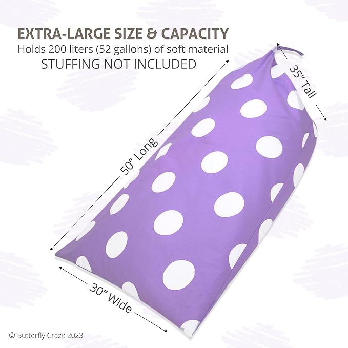 Butterfly Craze Bean Bag Chair Cover, Functional Toddler Toy Organizer, Fill with Stuffed Animals to Create a Jumbo, Comfy Floor Lounger for Boys or Girls, Stuffing Not Included, Purple Polka Dots