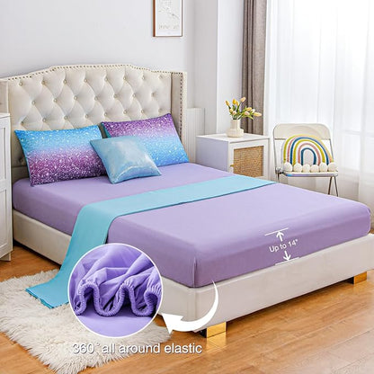 A Nice Night Girls Comforter Set Twin Size 6 Piece Bed in A Bag 3D Colorful Sparkle Galaxy Rainbow Bedding Comforter Sheet Sets for Kids,BluePurple