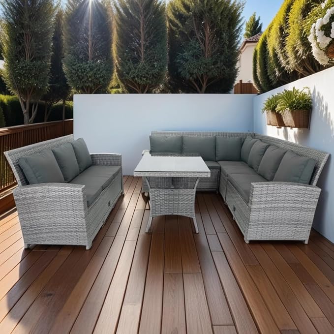 5 Pieces Outdoor Rattan Patio Furniture Sectional, Seater Conversation Set with 3 Storage Under Seat Wicker + Dark Cushion for Backyard, Deck, Poolside, Zl-Grey