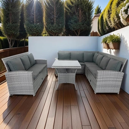 5 Pieces Outdoor Rattan Patio Furniture Sectional, Seater Conversation Set with 3 Storage Under Seat Wicker + Dark Cushion for Backyard, Deck, Poolside, Zl-Grey