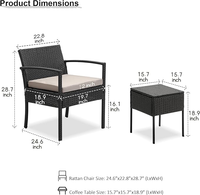 3 Pieces Patio Furniture Set, Balcony Furniture, Patio Bistro Set All-Weather Wicker Chairs Conversation Set with Cushions Table for Outdoor Backyard Porch Lawn (Black-Grey)