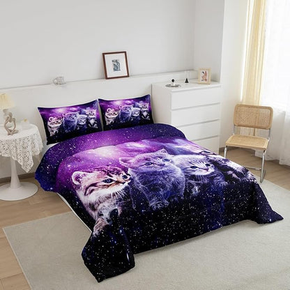 Cat Comforter Cute Pet Cats Pattern Bedding Set Outer Space Kawaii Kitten Comforter Set for Children Kids Boys Girls Cartoon 3D Animal Theme Galaxy Duvet Set Purple Room Decor Quilt Set Queen Size