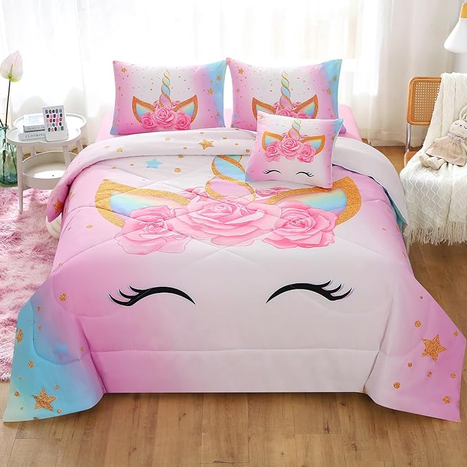 JQinHome Unicorn Twin Bedding Sets for Girls Kids,6 Piece Bed in A Bag 3D Colorful Flower Girl Unicorn Comforter Set with Sheet Set