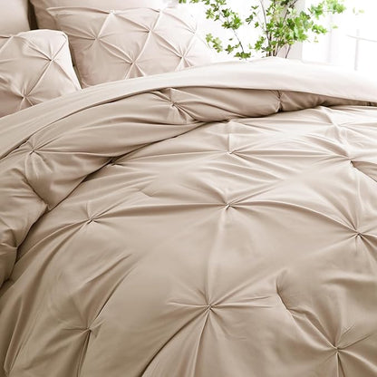 Ubauba 7pc Beige Queen Comforter Set with Sheets, 7 Piece Pintuck Bed in a Bag Ivory with Comforter and Sheets, Off White Bedding Comforters & Sets (Cream, Queen Size)