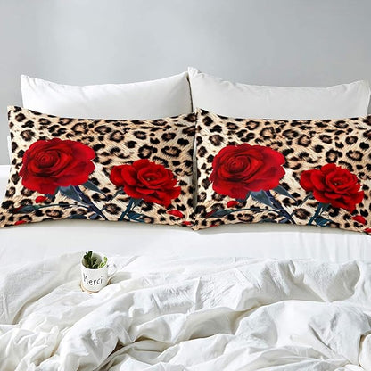 Rose Flower Comforter Set for Teens Adult Women Wedding Gift, Leopard Print Bedding Set Queen Size, Valentine's Day Cheetah Duvet Sets Leopard Animal Skin Down Comforter for Bedroom Decor, Brown