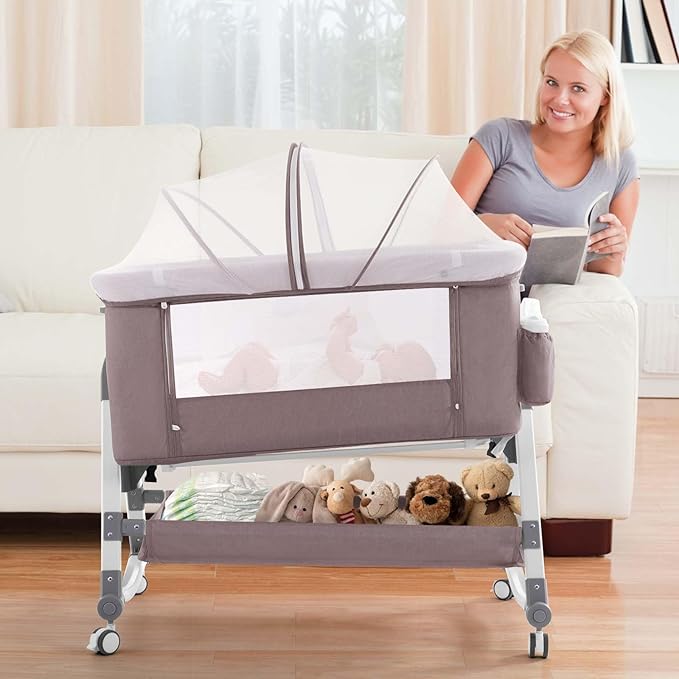 4 in 1 Baby Bassinet, Rocking Bassinets Bedside Sleeper with Comfy Mattress and Wheels, Height Adjustable Easy Folding Portable Bedside Crib for Newborn Infant,Khaki
