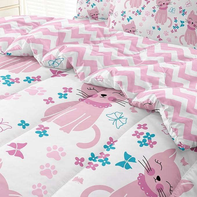 Kids Cat Bedding Twin Size Bed in a Bag, Cute Pink Animal Comforter Set for Teen Girls Bedroom Decor, Kawaii Floral Butterfly Bedding Sets & Collections