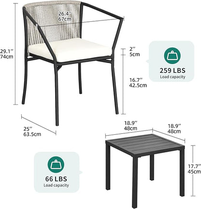 YITAHOME Wicker 3-Piece Outdoor Bistro Set, All-Weather Patio Conversation Set with Stackable Chairs & Table, Outdoor Sectional Furniture Set for Balcony, Backyard, Pool, Porch, Deck - Grayish White
