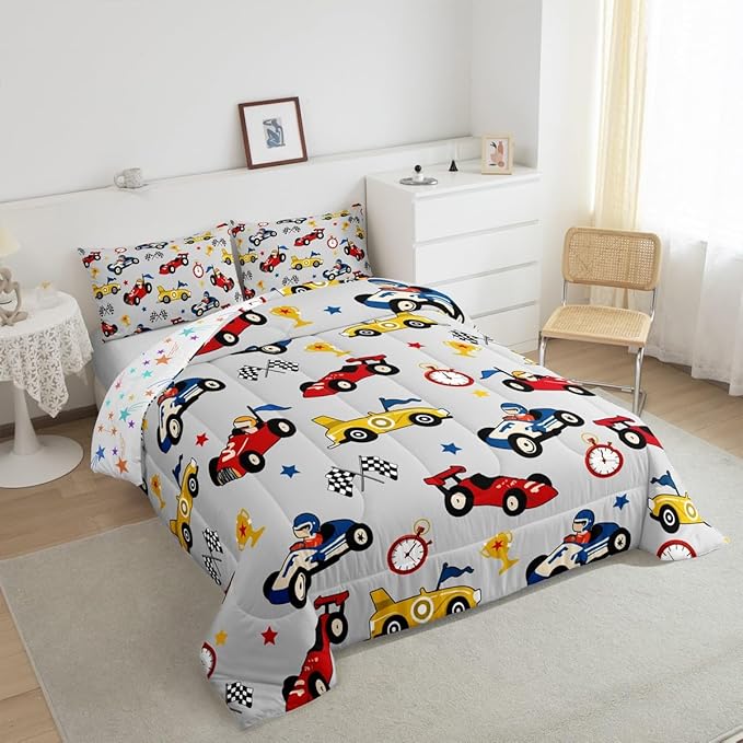 Feelyou Kids Cartoon Car Comforter Set Twin Size Racing Car Bedding Set for Boys Girls Teen Kids Children Home Decor Racing Car Comforter Race Cars Quilt Bed Set Red Grey Bedding Set for All Season