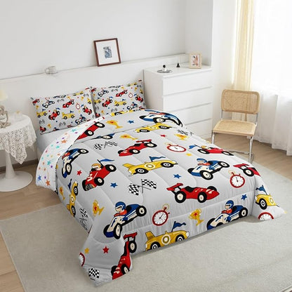 Feelyou Kids Cartoon Car Comforter Set King Size Racing Car Bedding Set for Boys Girls Teen Kids Children Home Decor Racing Car Comforter Race Cars Quilt Bed Set Red Grey Bedding Set for All Season