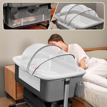 Bedside Crib,3 in 1 Baby Crib Adjustable Portable Bed for Infant,Baby Bassinet with Mosquito net Baby Newborn Must Have Bed,Grey