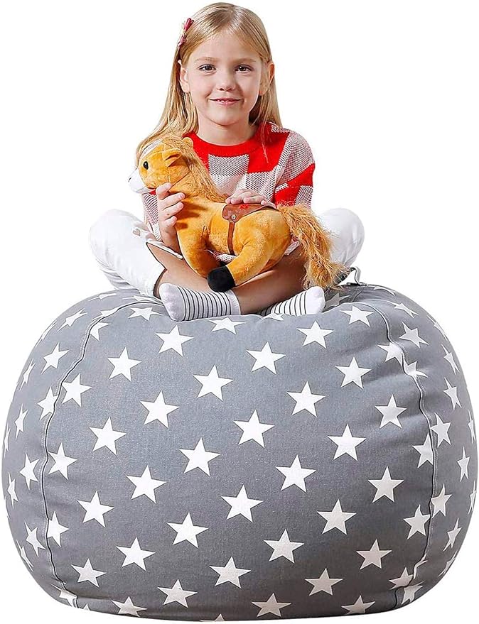 Aubliss Stuffed Animal Bean Bag Storage Chair, Beanbag Covers Only for Organizing Plush Toys, Turns into Bean Bag Seat for Kids When Filled, Large 38"-Canvas Stars Grey